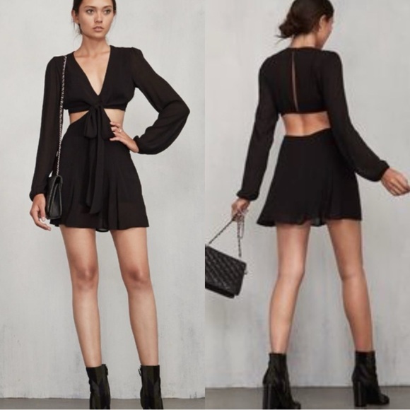 REFORMATION Robinson Long Sleeve Tie Front Black Cut Out Dress - Picture 2 of 7